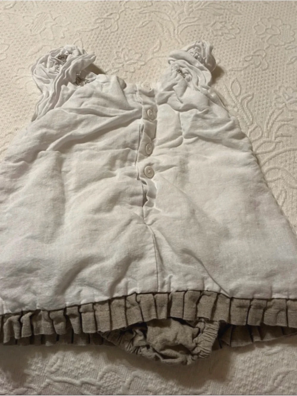 Carriage Boutique White and Taupe Linen Baby One-Piece